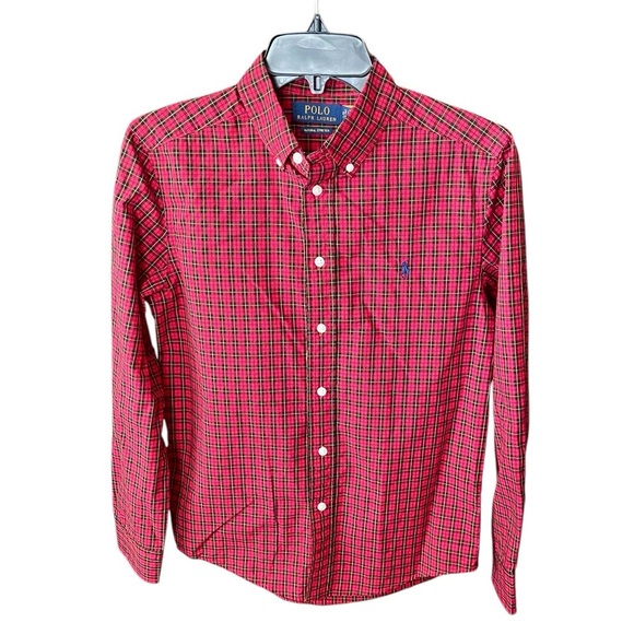 Polo Ralph Lauren boy’s plaid long sleeve button down shirt L 14-16 red black - Picture 1 of 9